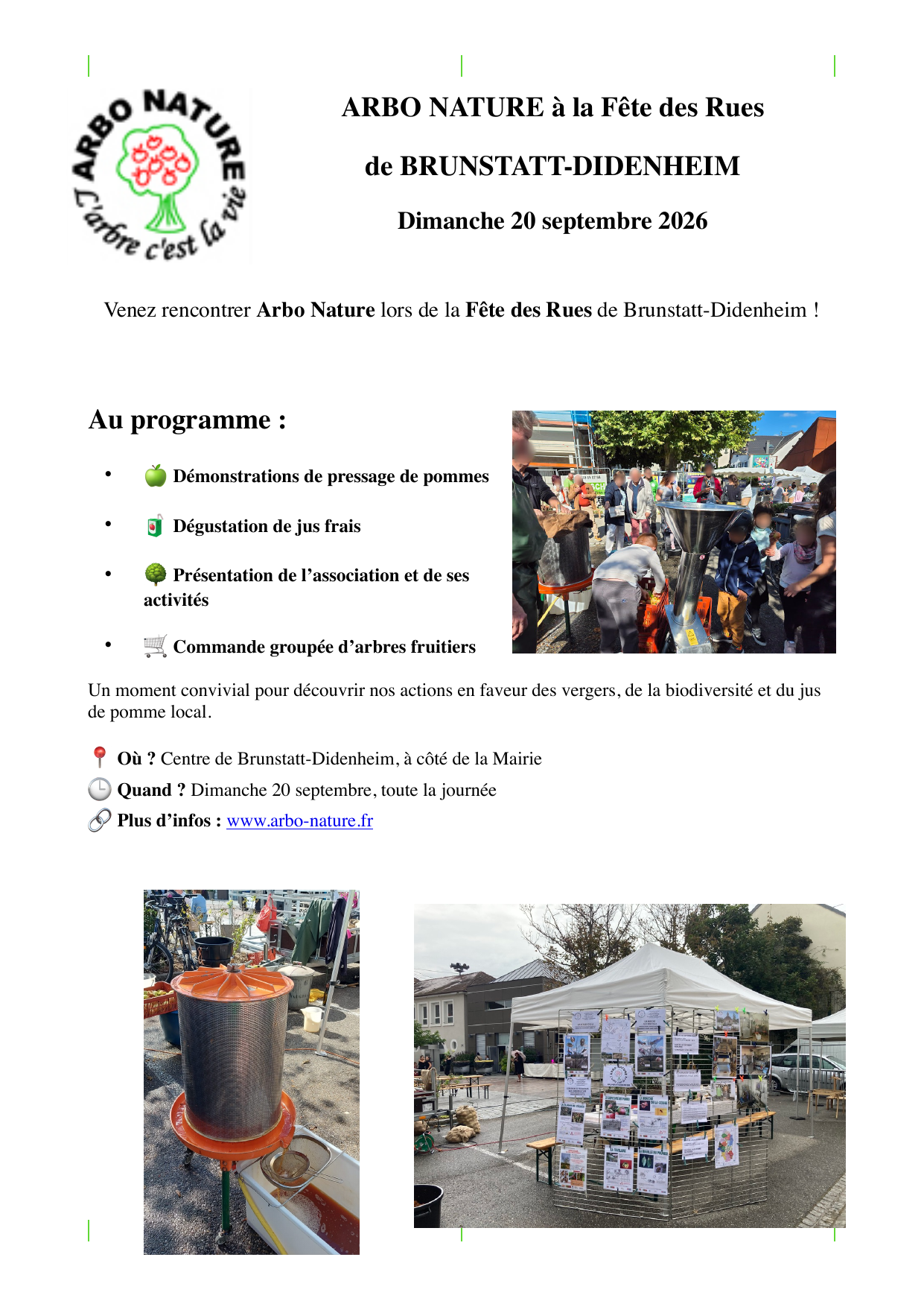 Affiche d'Arbo Nature à la Fête des Rues 2026 : pressage de pommes, dégustation de jus frais, présentation de l'association et commande groupée d'arbres fruitiers